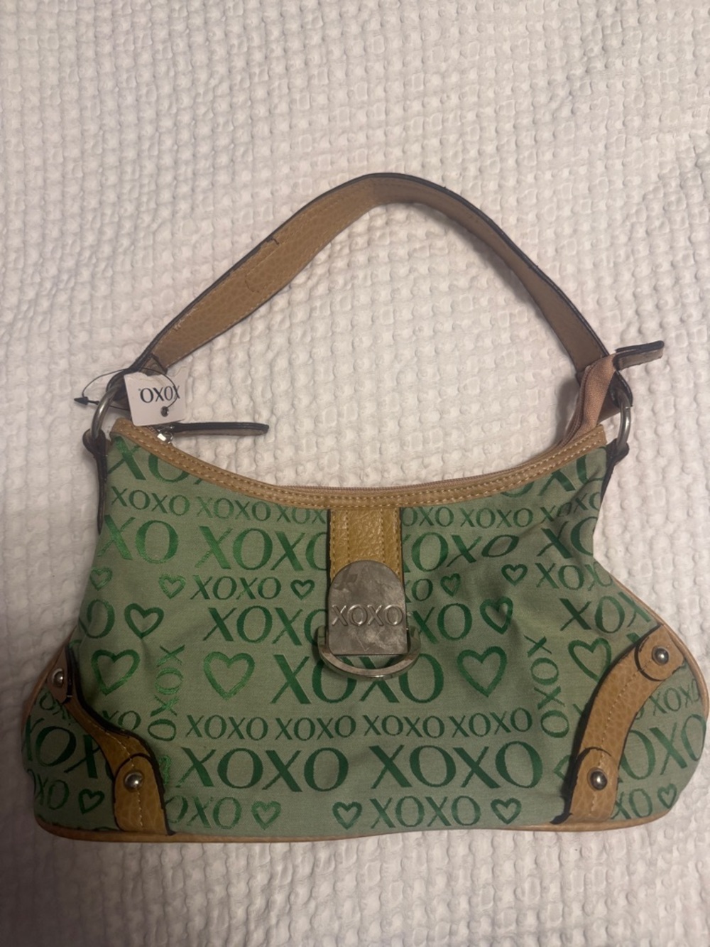 XOXO Green Patterned Shoulder Bag with Tan Trim
